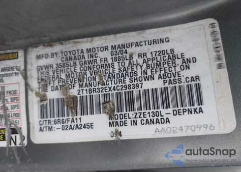 2004 Toyota Corolla Le from USA, damaged, VIN 2T1BR32EX4C298397